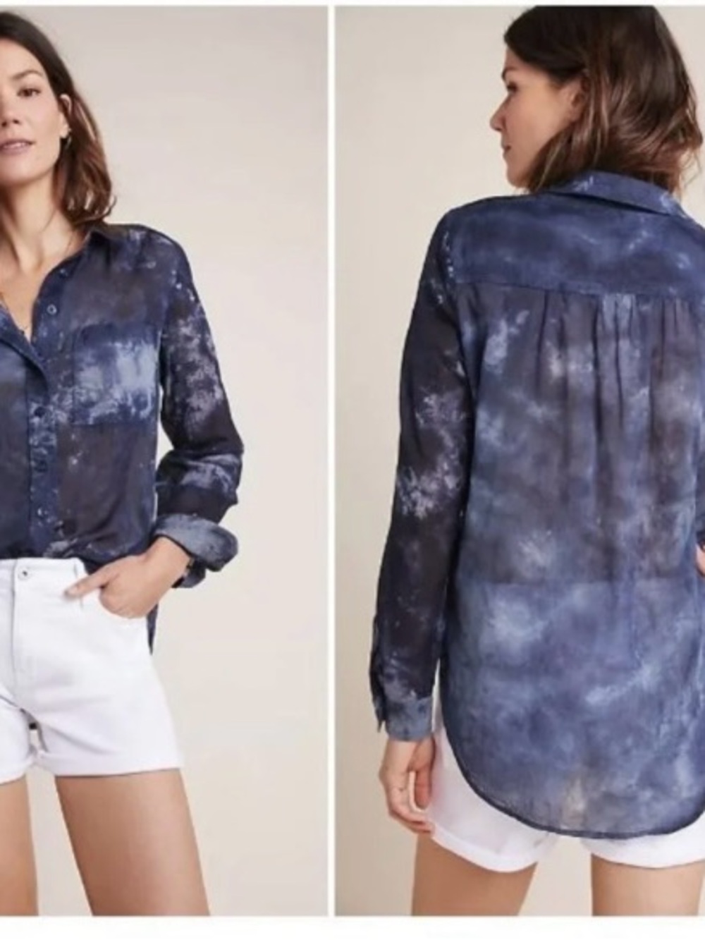 Anthropologie Navy Tie-Dye Button-Down Shirt